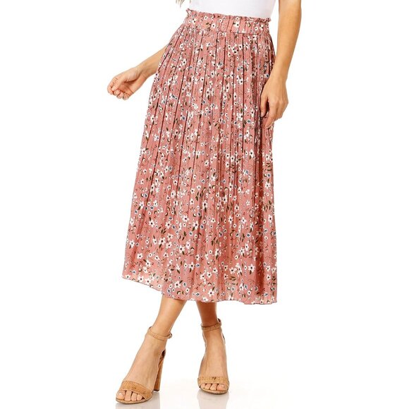Elegant Pink Floral Pleated Midi Skirt - High-Waisted with Convenient Pockets - Picture 1 of 6